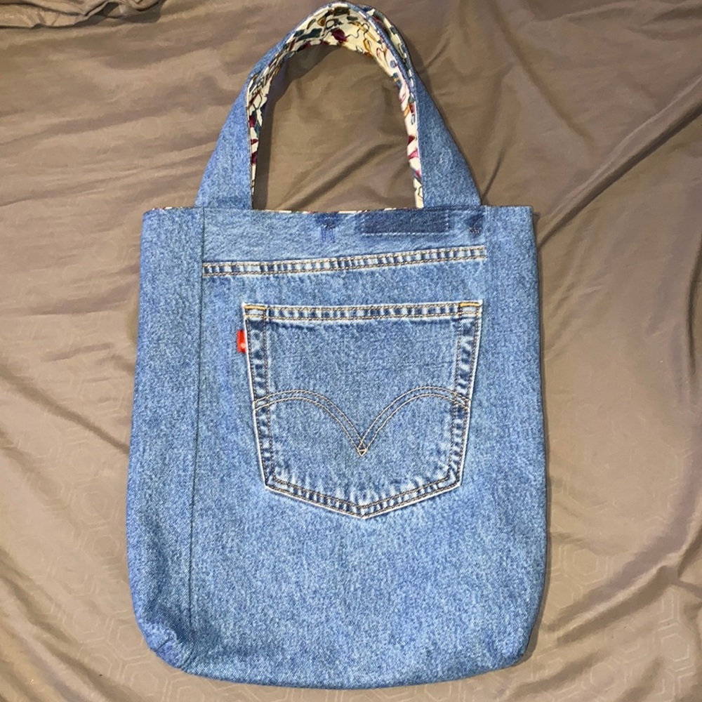 One of a kind denim sewing craft tote